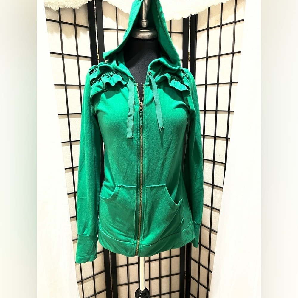 EVYS TREE THE REECE, Vibrant Green Hoodie with Ruffle Accents, WOMEN SIZE M
